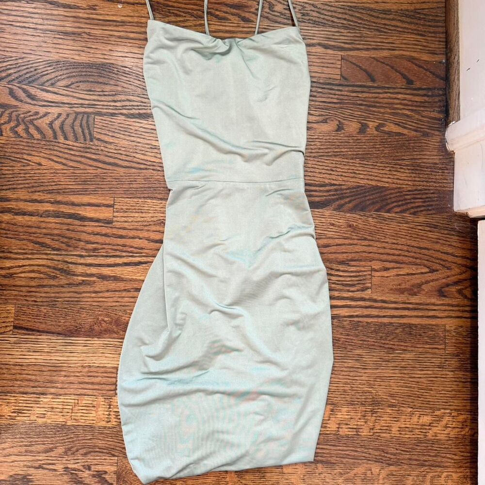 Windsor sage green bodycon silk dress with tie up detail